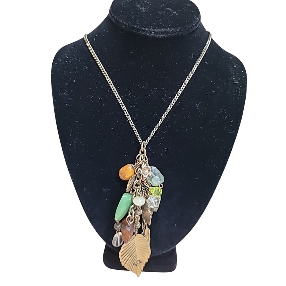 Chunky Multi Charm‎ Dangle Necklace Gold Tone Leaf Beads Statement